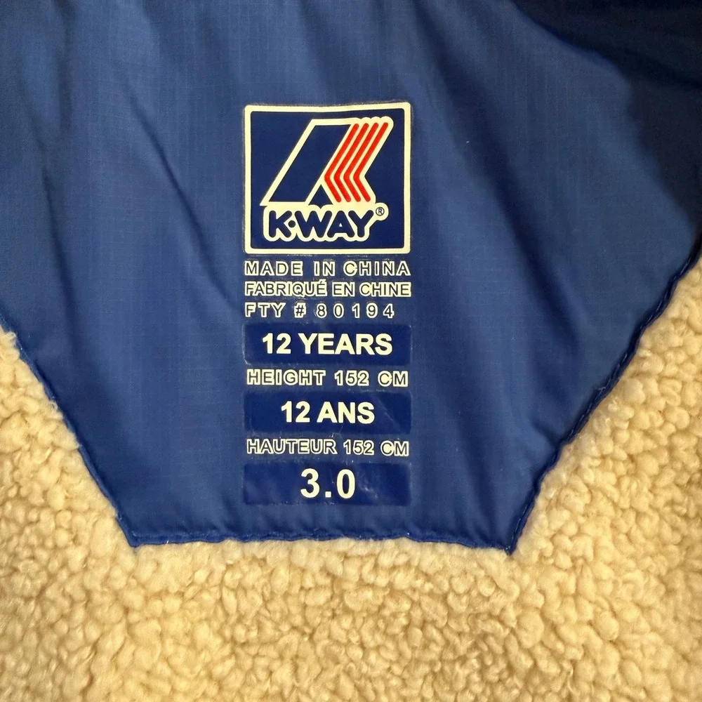 K Way Kids Reversible Blue Sherpa Lined‎ Hooded Jacket Size 12 Years